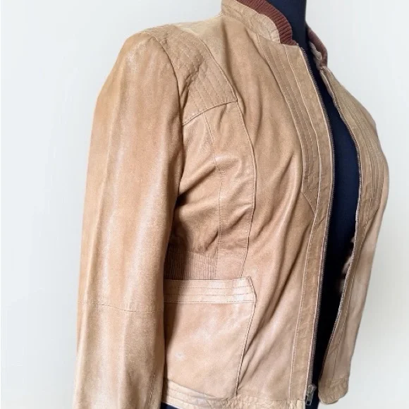 Black Rivet Soft Tan Leather Zippered Moto Bomber Jacket XL - Picture 3 of 8